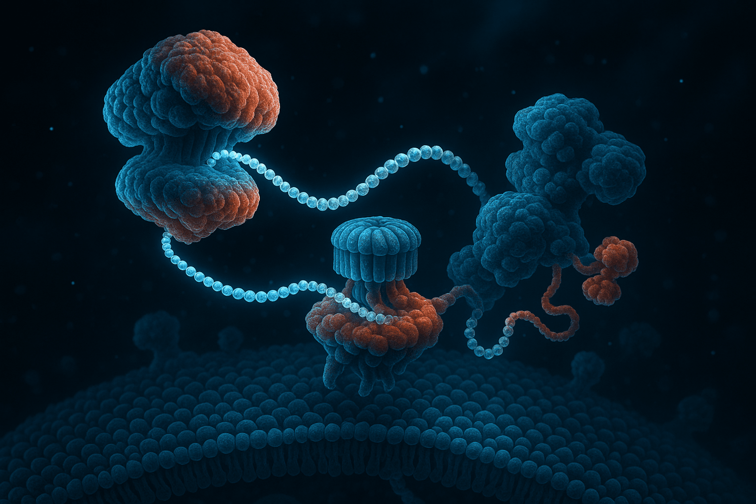The Case from Consciousness Illustration of a molecular machine: blue and orange protein complexes joined by a chain of bead‑like spheres hover above a cell membrane against a dark background.