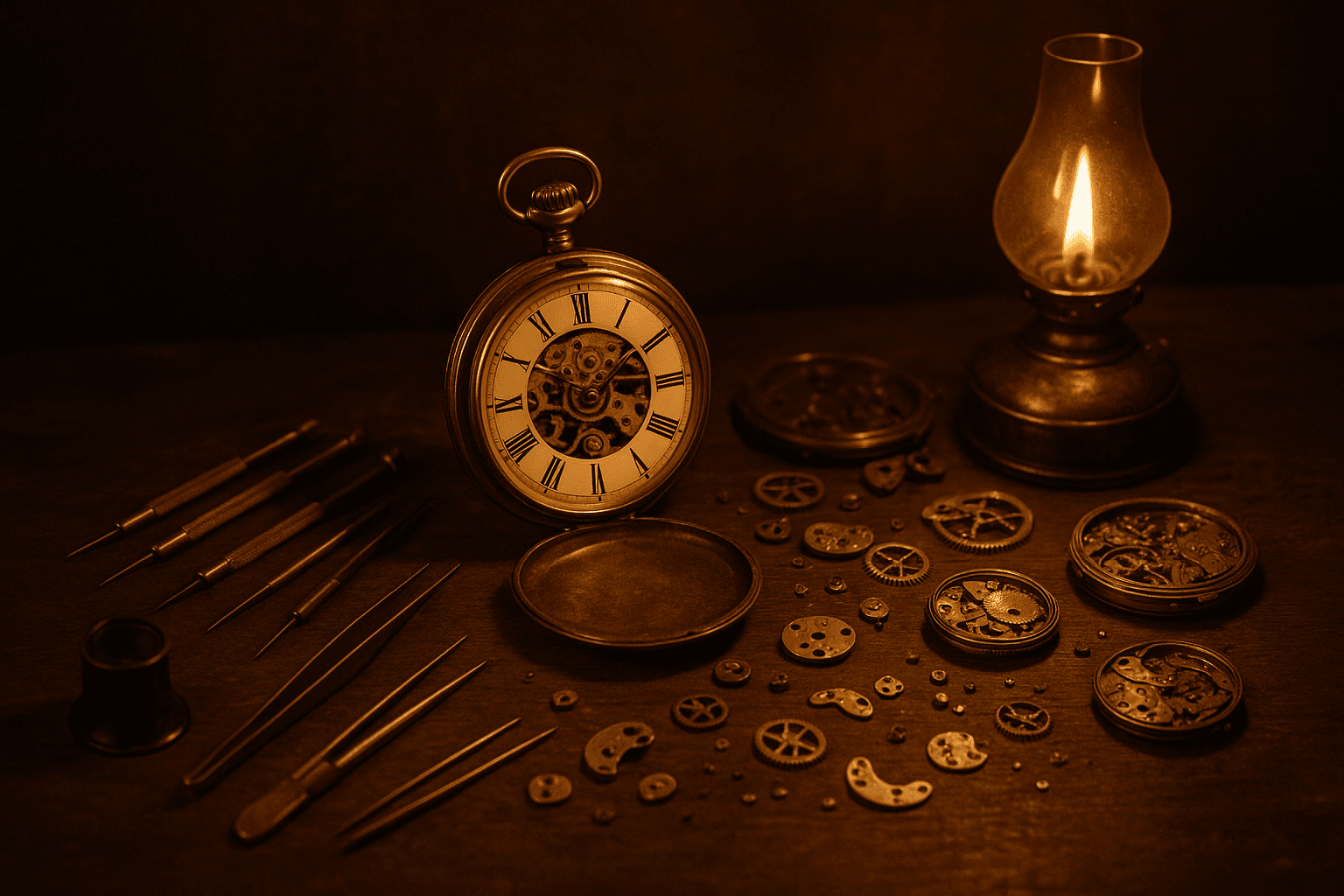 The Fine-Tuned Universe A vintage pocket watch, disassembled gears, tiny tools and an oil lamp lie on a wooden workbench lit in warm tones.