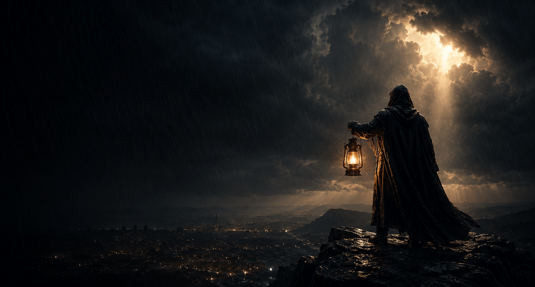 A hooded witness stands on a dark mountain cliff holding a glowing lantern over a storm-covered world, symbolizing truth and faith in Christ.