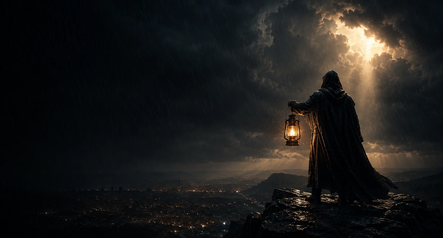 A hooded witness stands on a dark mountain cliff holding a glowing lantern over a storm-covered world, symbolizing truth and faith in Christ.